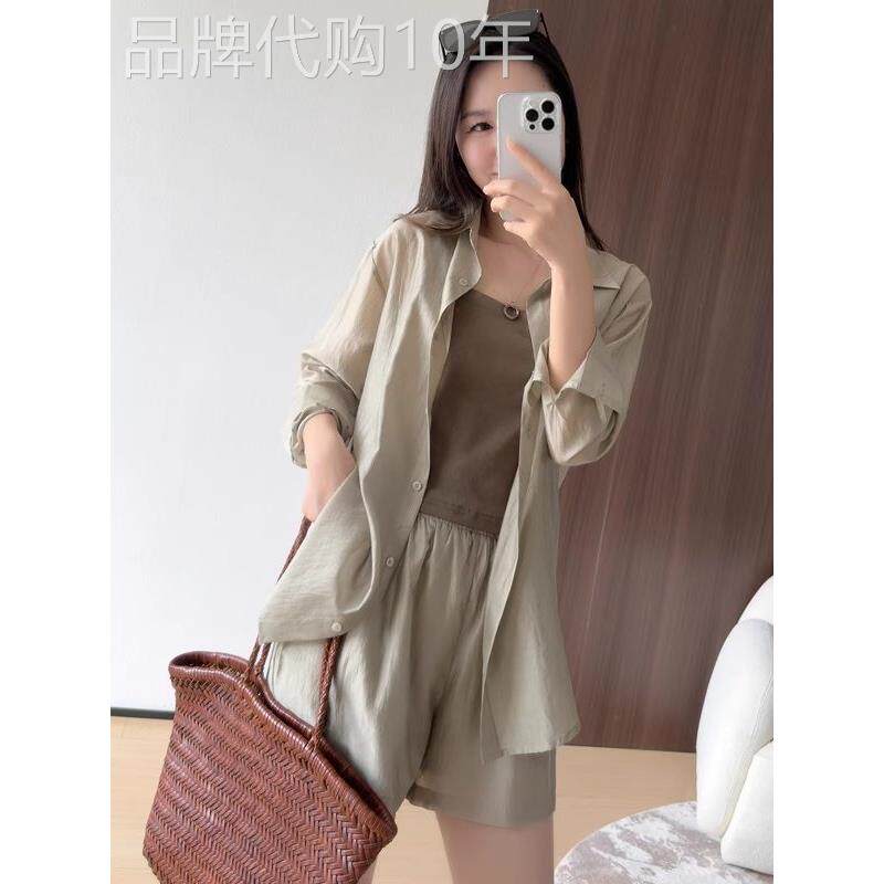 欧洲站天丝休闲时尚套装女2025新款夏长袖防晒衬衫吊带短裤三件套