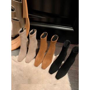 香港法国方趾厚跟短靴女真皮麂皮缝制高跟鞋弹力修身靴短袜靴子春