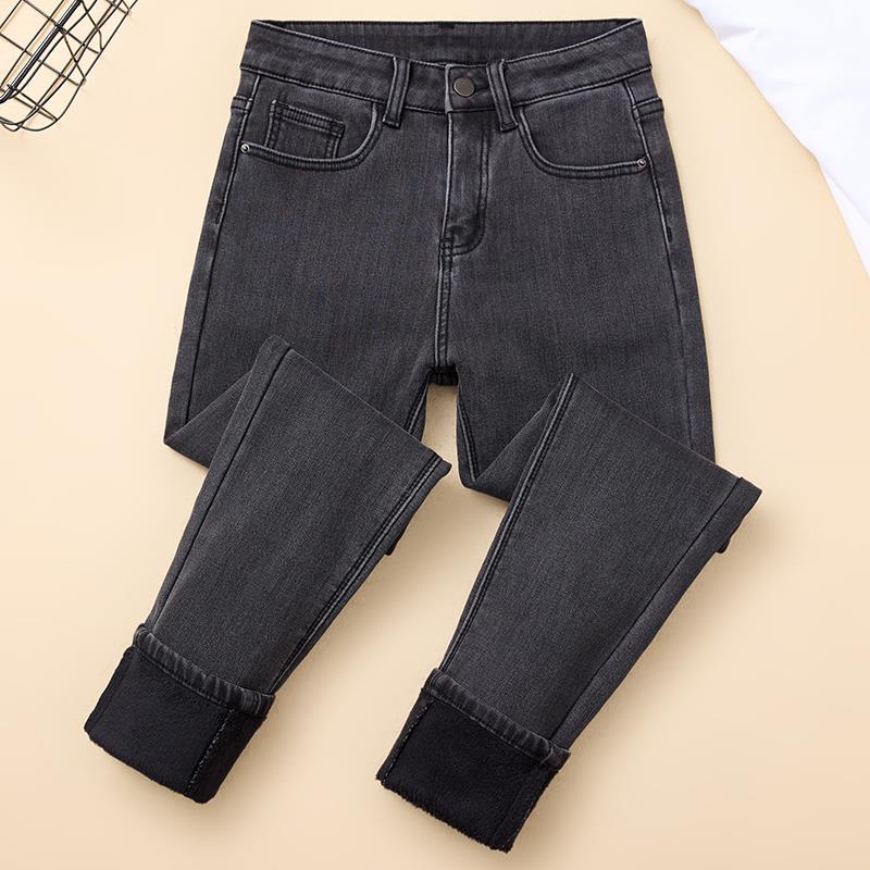 烟灰色高腰加绒牛仔裤女秋冬季新款小脚裤弹力加厚修身显瘦铅笔裤