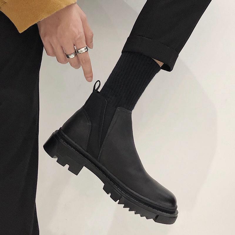 潮牌切尔西马丁靴男秋季休闲皮鞋黑色低帮中筒靴子潮英伦真皮短靴