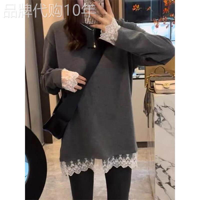 灰色蕾丝花边拼接打底衫女秋冬中长款遮屁股T恤内搭配鲨鱼裤上衣