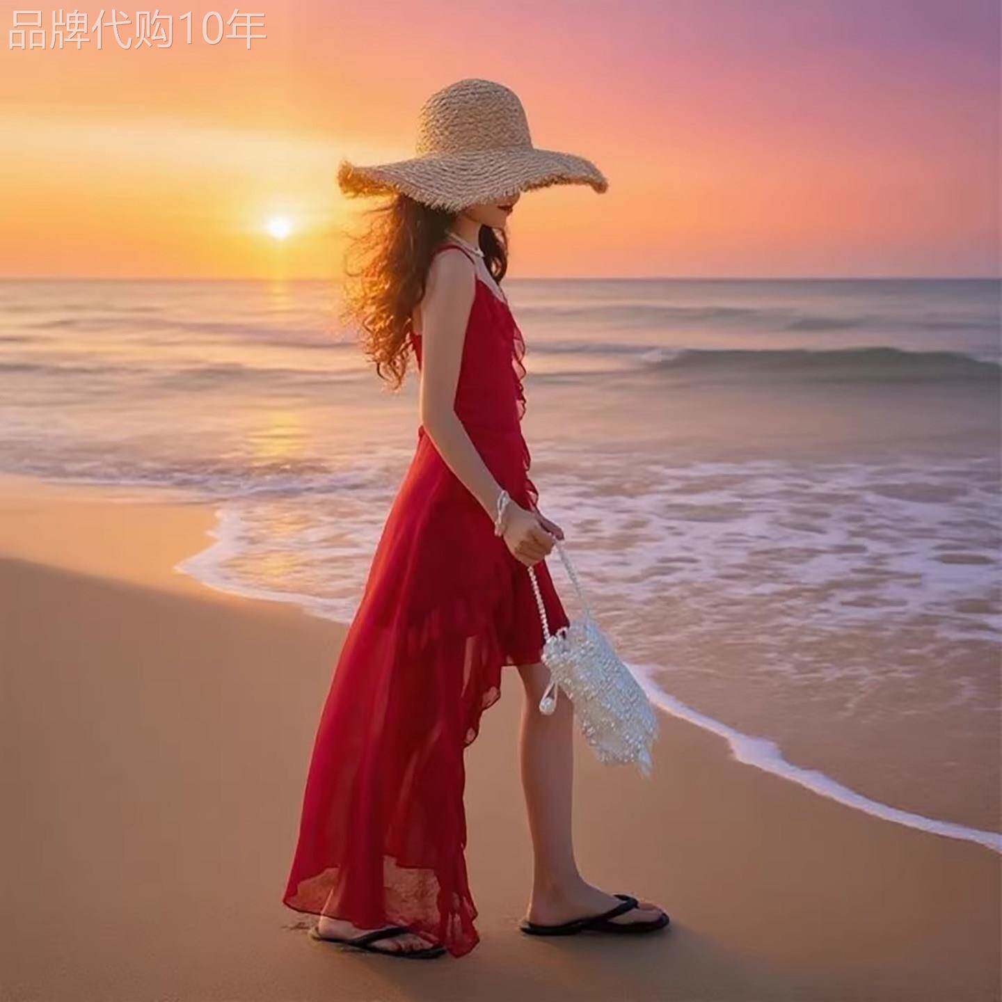 法国Uamtor女童连衣裙夏季红色长款吊带裙儿童海边度假裙大童裙子