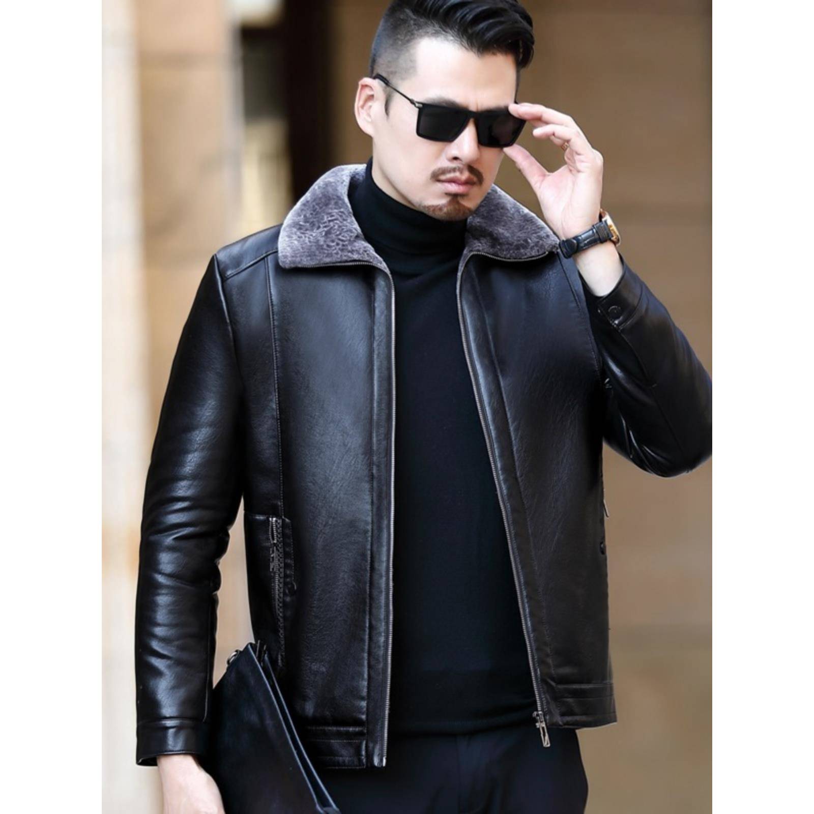 冬季海宁真皮衣男绵羊皮夹克加肥加大码皮衣皮毛一体加绒加厚外套