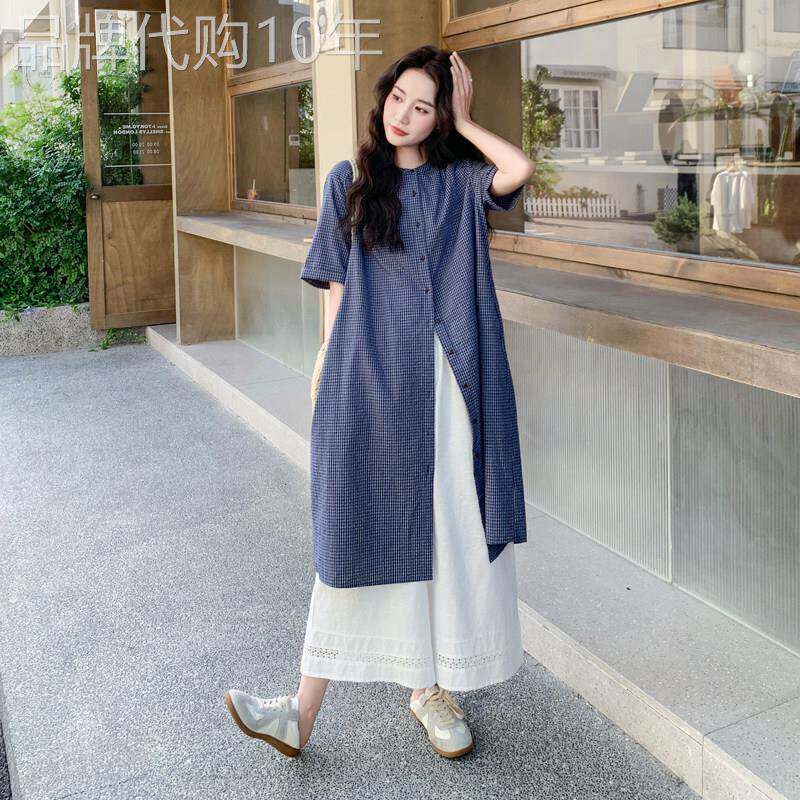 藏青色格子衬衫洋装阔腿裤套装女2026夏季文艺复古慵懒风两件套
