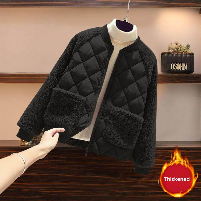 羽绒棉服女2025年新款冬季韩版宽松小个子加绒加厚菱格黑色外套女