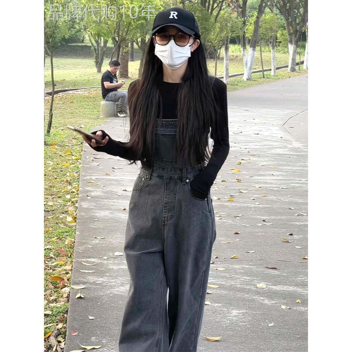 2025春秋季女式牛仔工装裤新款韩式直筒宽松修身宽腿及地连衣裤适