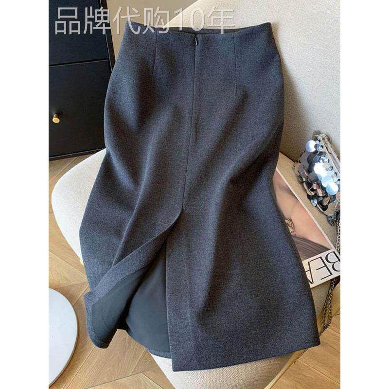 灰色毛呢半身裙2025年秋季新款女装大码胖mm后开叉通勤西装包臀裙