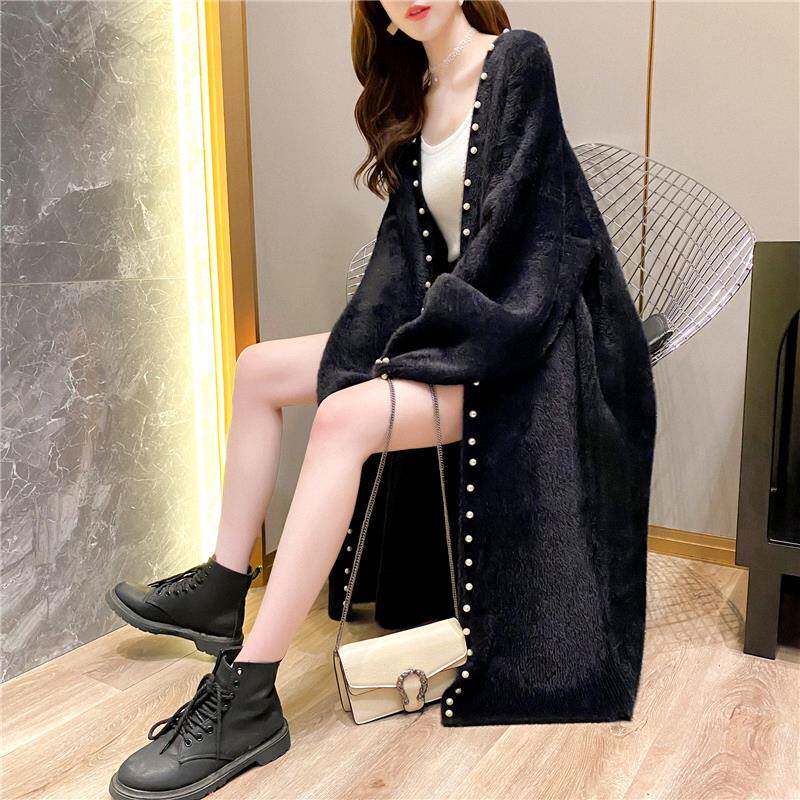 黑色毛衣外套女秋冬欧货慵懒风加厚上衣小个子中长款针织开衫外穿