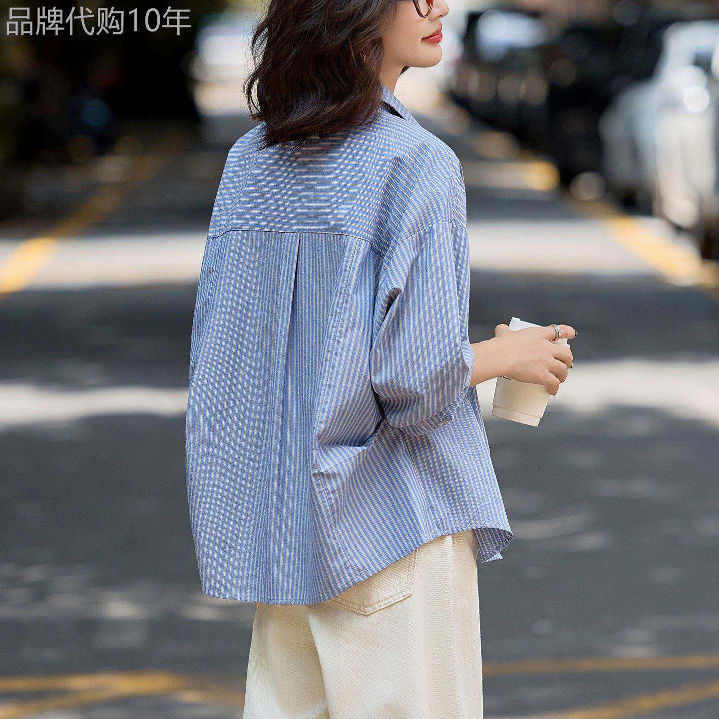高级蓝色条纹衬衫女韩版2026春秋新款宽松长袖衬衣设计感外穿上衣
