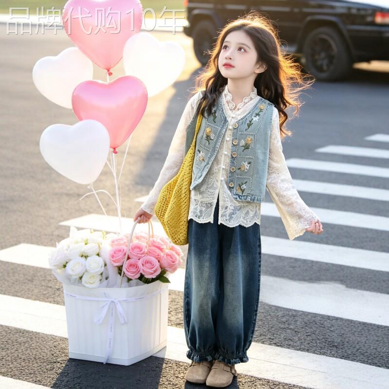 法国BADNUT女童短袖套装春夏2026新款大童叠穿马甲儿童衬衫三件套