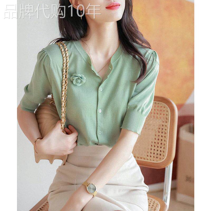 日系短袖针织衫女开衫夏2025新款高端真丝山茶花薄款修身显瘦上衣