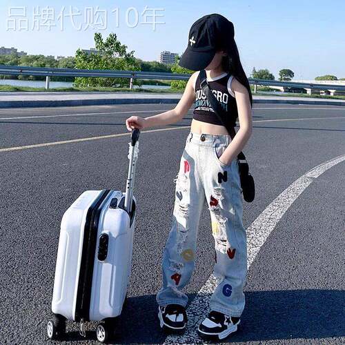 法国Uamtor女童裤子2026夏季新款高腰直筒宽松显瘦牛仔时尚潮