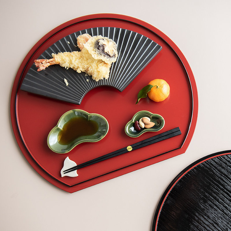 日本制进口漆器半月盘餐厅家用日式托盘圆形双面用水果盘茶盘餐盘