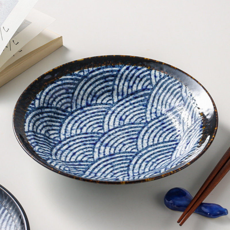 日本进口陶瓷青海波日式复古餐盘咖喱点心盘餐具家用圆形深盘盘子