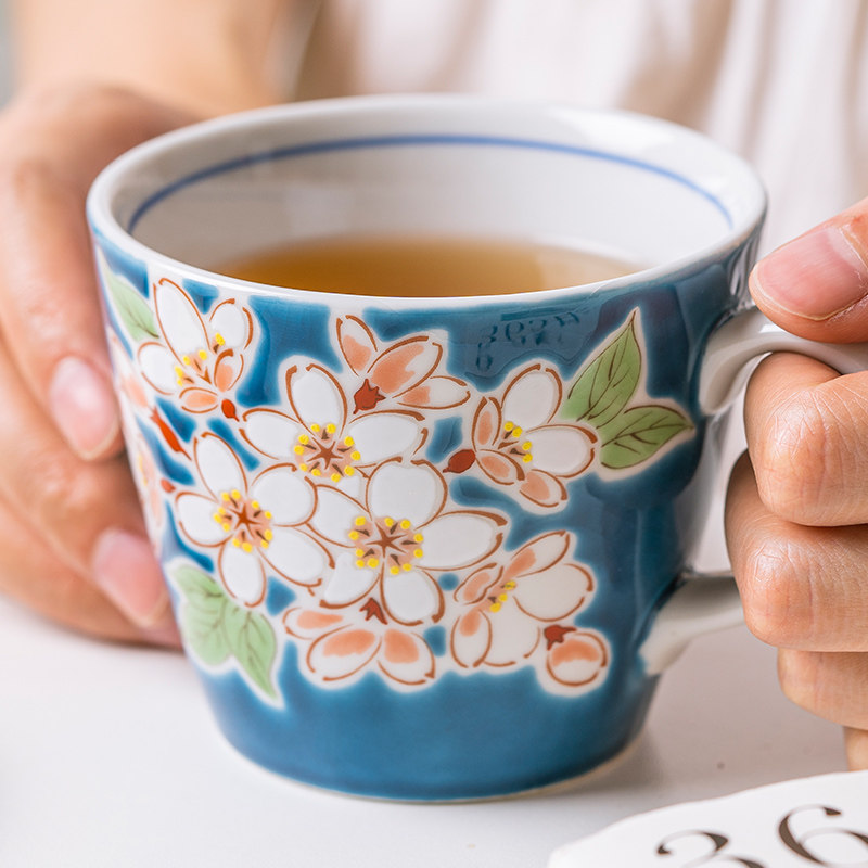 日本进口九谷烧手绘樱花陶瓷茶水杯日式马克杯茶杯杯子女夏咖啡杯