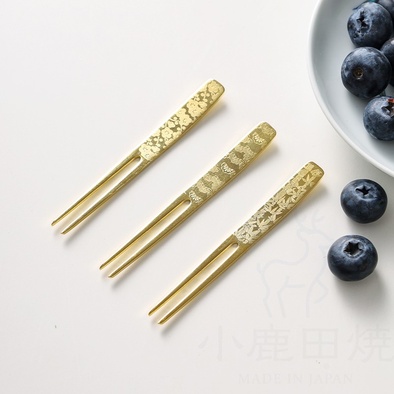 小鹿田烧不锈钢金色甜品叉