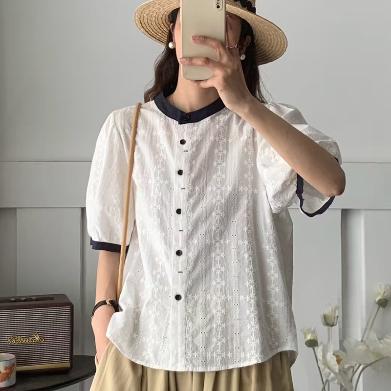 法式撞色短袖衬衫女2025新款高级感轻奢洋气小衫纯棉重工刺绣上衣