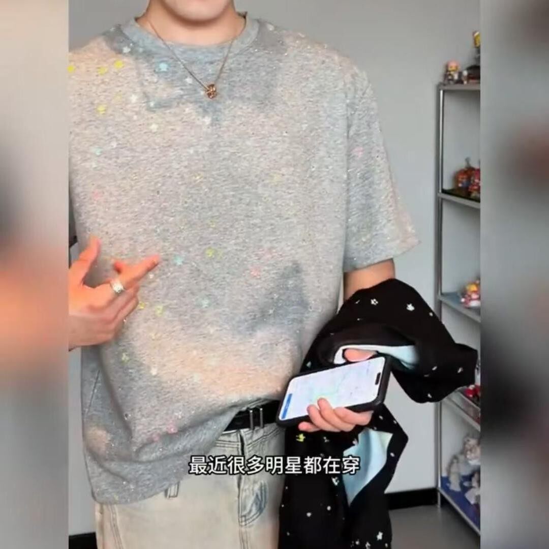 小众夏季新款彩色星星烫钻设计感短袖T恤百搭个性潮流休闲上衣男