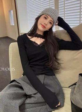 现货MAR  TT早春新款2434内搭修身上衣纯欲黑色蕾丝v领针织衫女