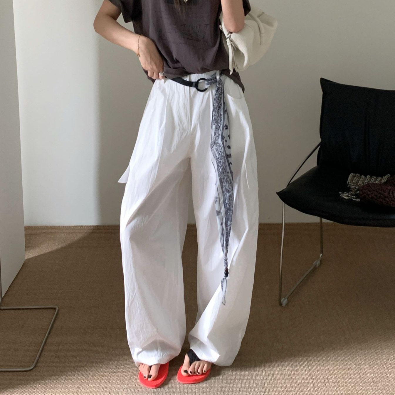 MAR    夏薄料TOP十三行高街工装阔腿裤韩系休闲裤配腰带20219