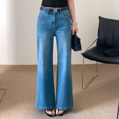 夏薄料TOP欧制广州十三行四面弹十分筒喇不贴腿牛仔裤配腰带3101