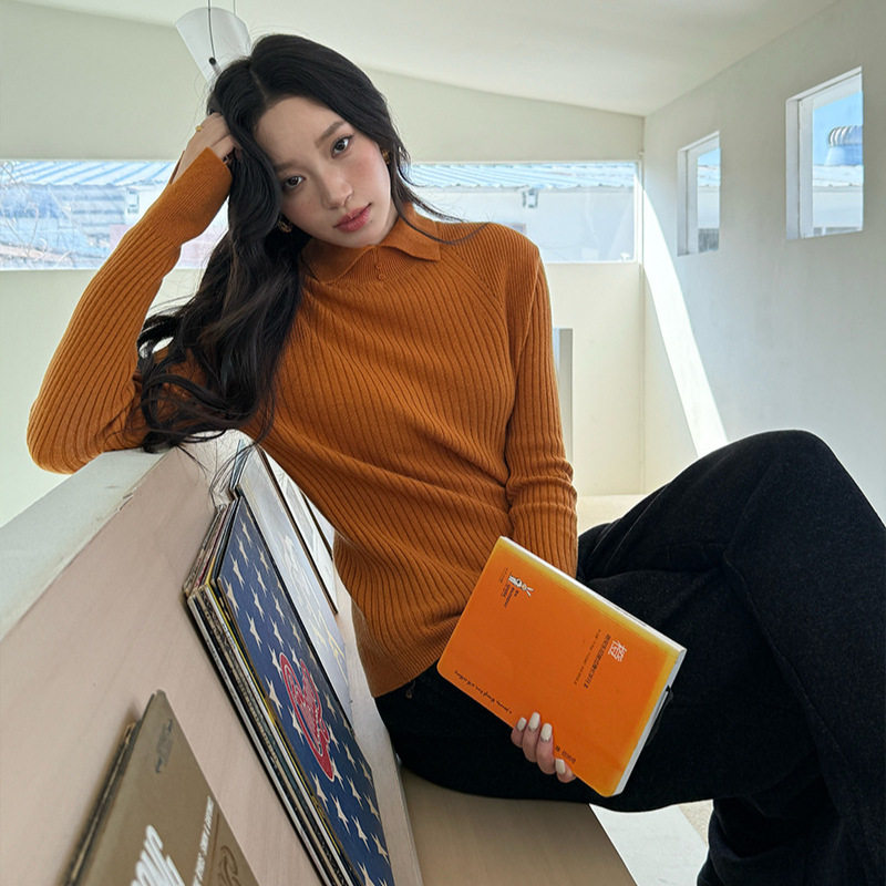 ELSISSI爱姐翻领纽扣竖坑条袖口开叉全羊毛针织衫女冬高级打底衫