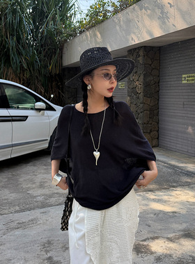 爱姐ELSISSI天丝亚麻茧型气质圆领薄款针织t恤春季蝙蝠袖宽松上衣
