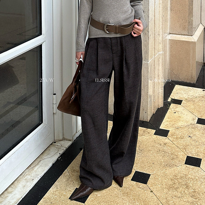 ELSISSI2025秋季肌理感立体压褶裤子女款压褶小个子阔腿休闲裤女
