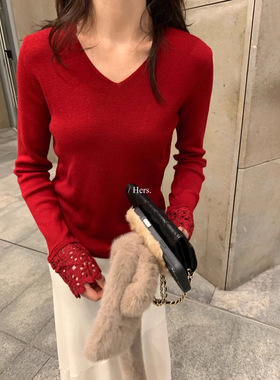 MAR  素心兰秋冬韩系简约基础款气质百搭蕾丝袖V领针织衫女92811