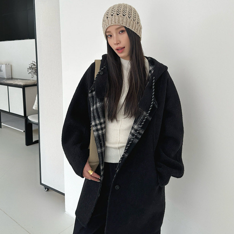 ELSISSI爱姐连帽双面呢中长款毛呢外套2025冬季羊毛大衣女小个子