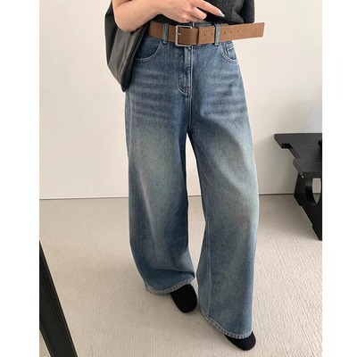 现货MAR  TG复古皮带搭配牛仔裤女2025冬季抓绒直筒宽松长裤25888