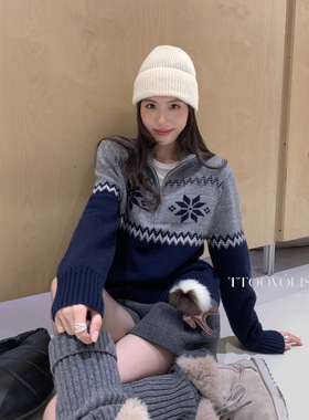 现货MAR  TT早春新款2438复古拼色提花半拉链针织衫费尔岛毛衣女