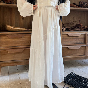 爱姐ELSISSI松紧腰褶皱宽松半身裙女夏新款纯色显瘦休闲风a字长裙
