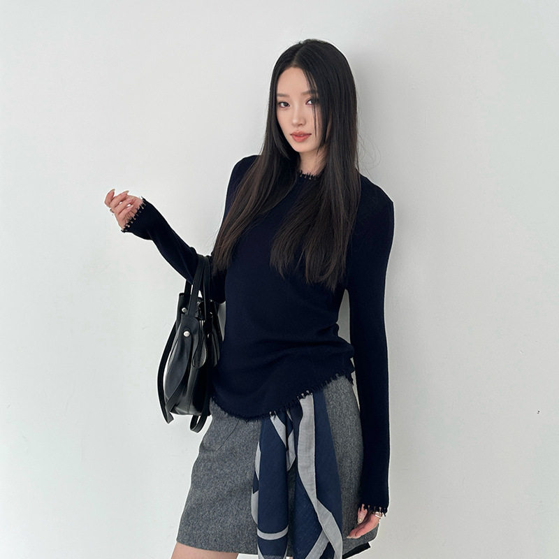 ELSISSI爱姐圆领毛须边羊毛打底针织衫女2025秋季女装长袖t恤上衣