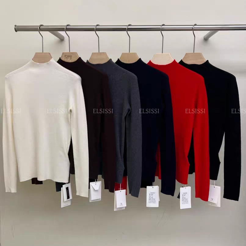 ELSISSI爱姐半高领修身气质针织衫女2025秋冬季内搭长袖打底衫t恤