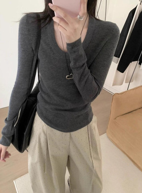 MAR  素心兰春季女韩系简约基础款修身显瘦U领长袖打底针织衫901