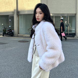 elsissi皮毛一体羊绒皮草大衣2025冬季新款短款小个子毛毛外套女