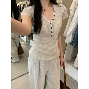 元 舒适修身 派V领纽扣百搭短袖 夏新款 显瘦T恤A6277 针织衫 MAR