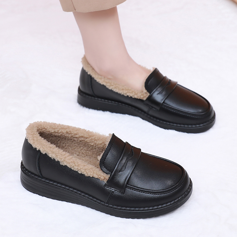 真皮加绒乐福鞋女款2025新款妈妈鞋平底防滑单鞋秋冬一脚蹬小皮鞋