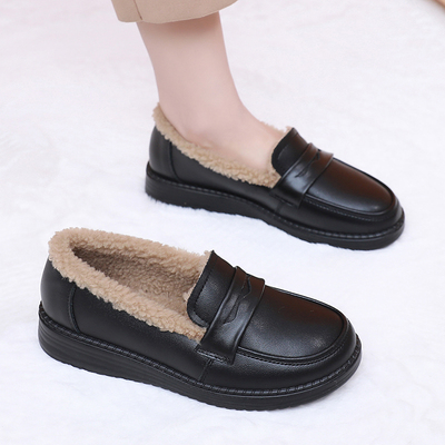 真皮加绒乐福鞋女款2025新款妈妈鞋平底防滑单鞋秋冬一脚蹬小皮鞋