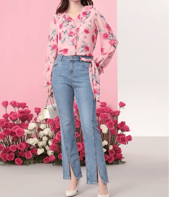 音影儿长袖桑蚕丝衬衫印花木耳边