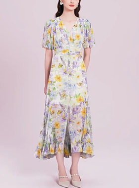 现货 音影儿2025夏季新款拉珂同款气质印花泡泡袖连衣裙RF06774V1