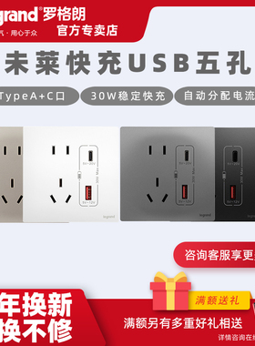 罗格朗未莱86型TypeAC手机快充电USB插座面板墙壁家用五孔30W暗装