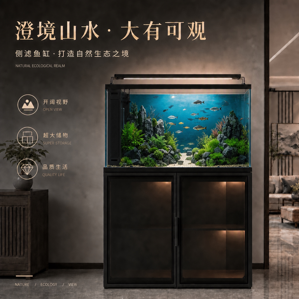 侧滤溪流缸造景客厅鱼缸带柜子一体鱼缸免换水鱼缸底柜水族箱落地
