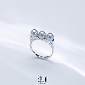 海水珍珠 真多麻平衡木三珠戒指 6-7mm S295银