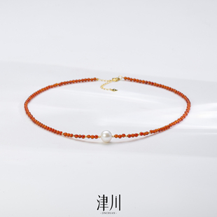 新年开运红 红玛瑙路路通 珍珠项链 S295银 9-10mm