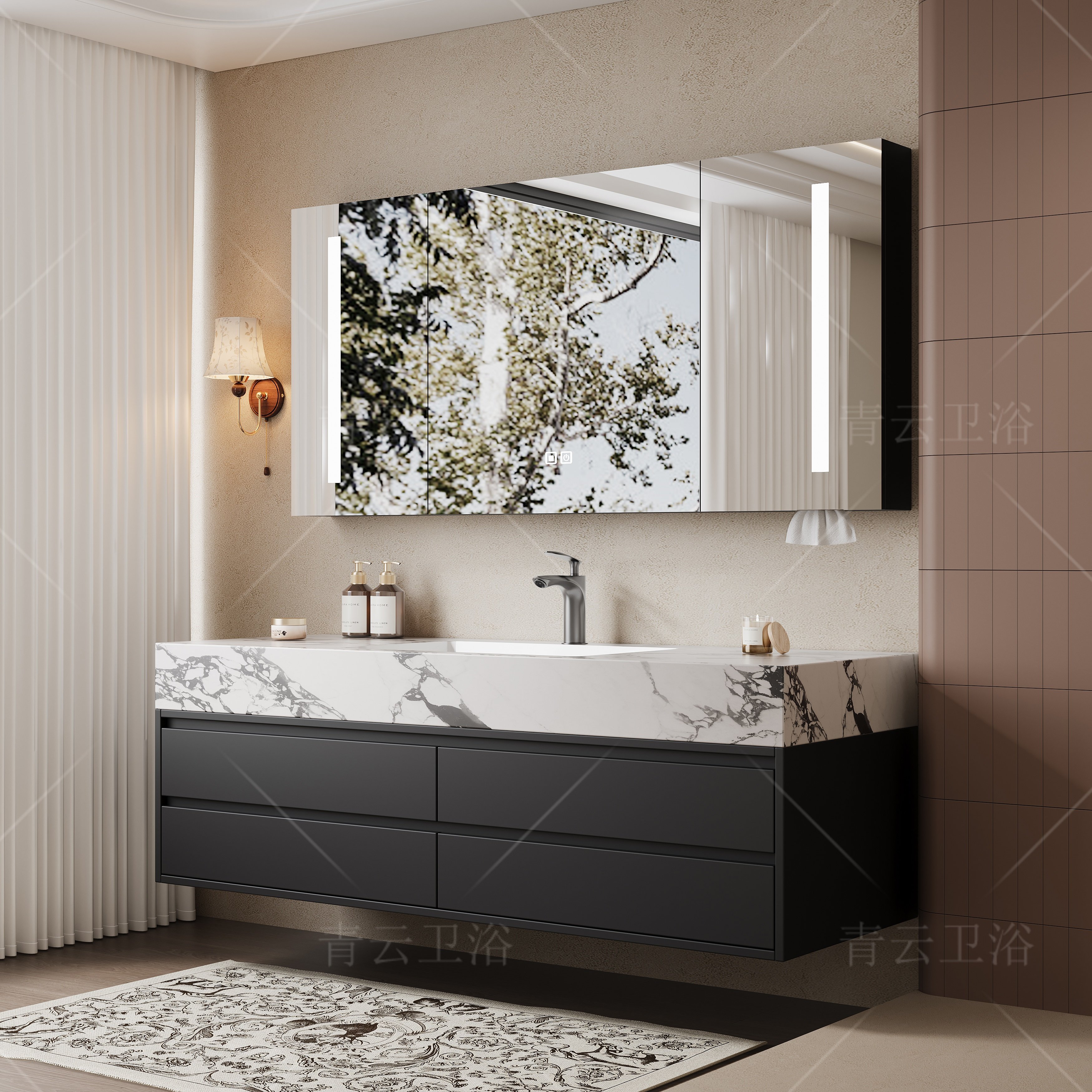 新款黑色宝格丽洗手台岩板无缝盆洗手盆柜浴室柜组合洗漱池定制,家装主材,浴室柜组合,淘宝优惠券,粉丝福利购,淘宝优惠卷
