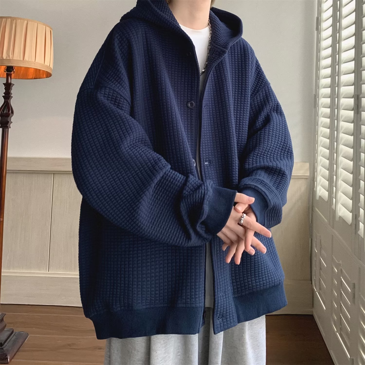 华夫格港风连帽松休闲卫衣