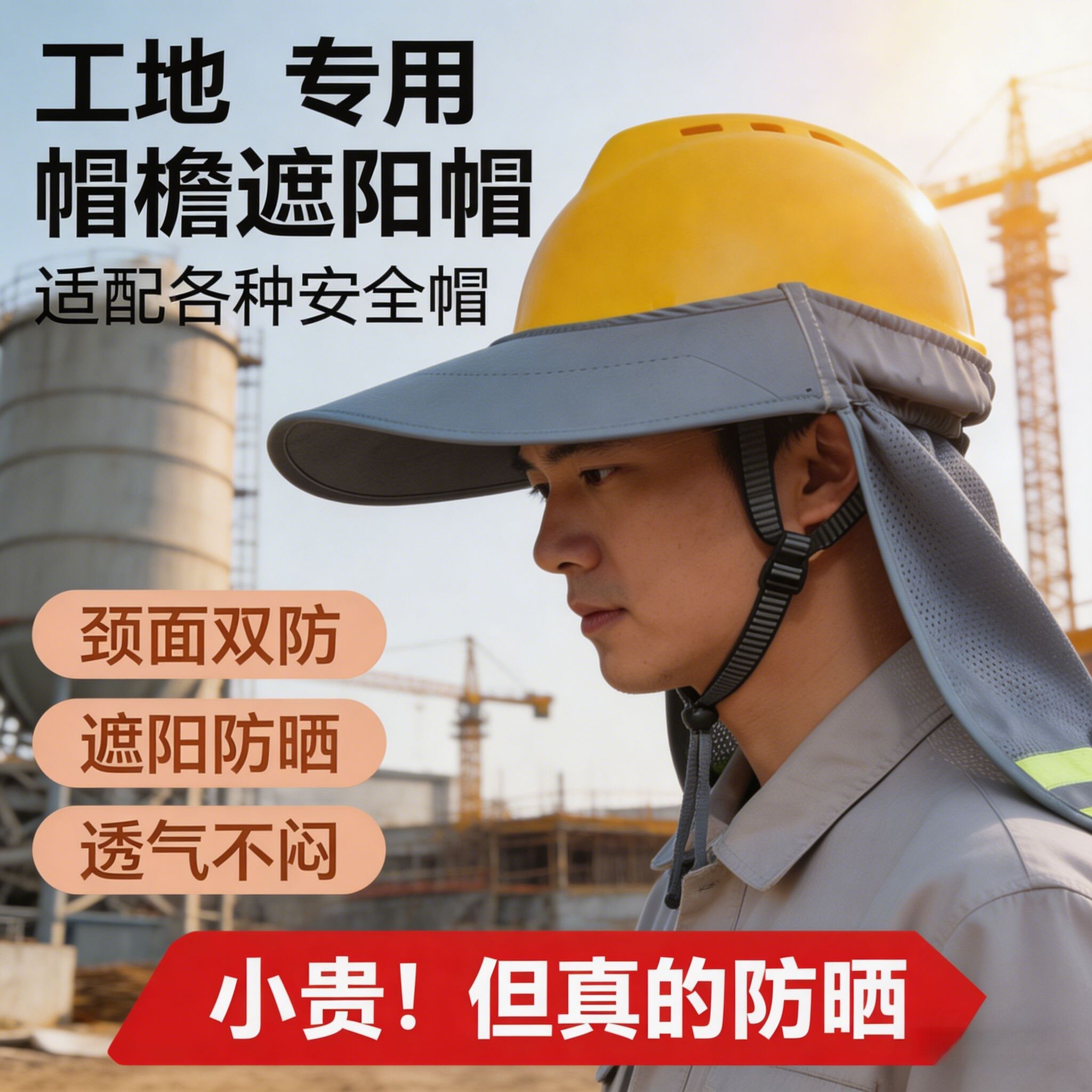 工地安全帽防晒帽檐遮阳帽夏季加大加宽帽檐太阳帽施工防紫外线
