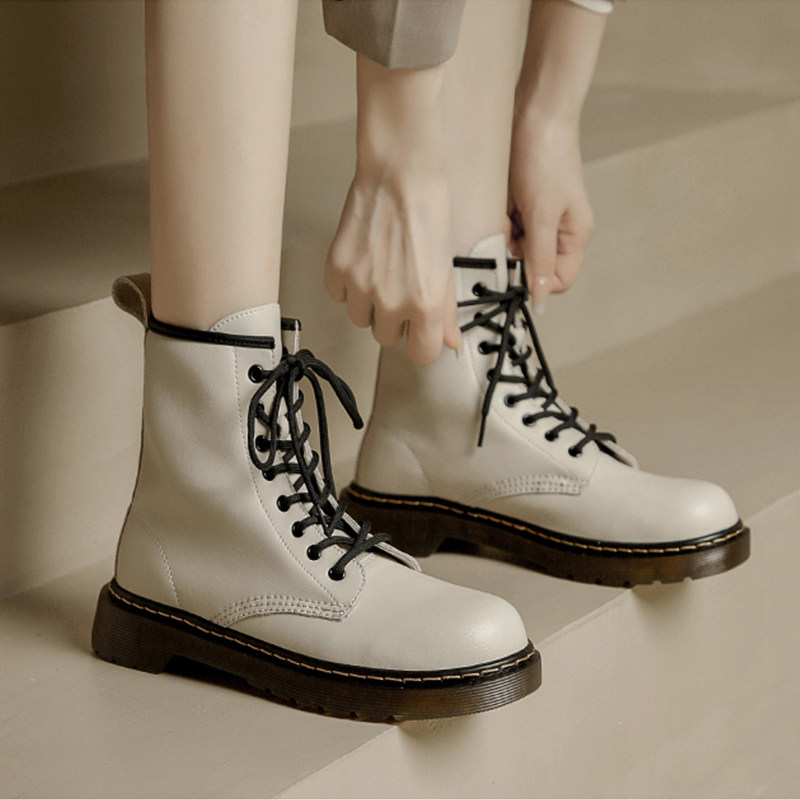 真皮马丁靴女加绒英伦风2025年秋冬季新款百搭牛筋底覆古系带短靴